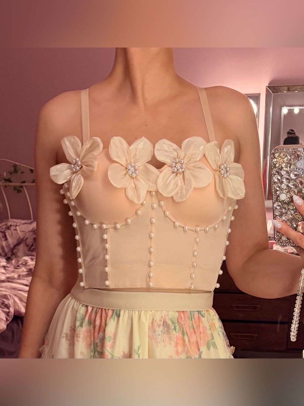NWT Light Blush Floral Pearl-Trim Corset Bustier